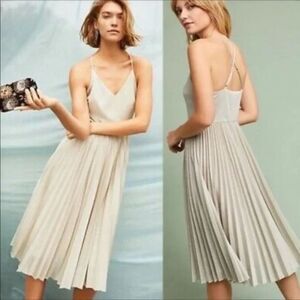 Anthropologie Elevenses Lunar Pleated Midi Dress Gold Sparkle size 2 NWOT